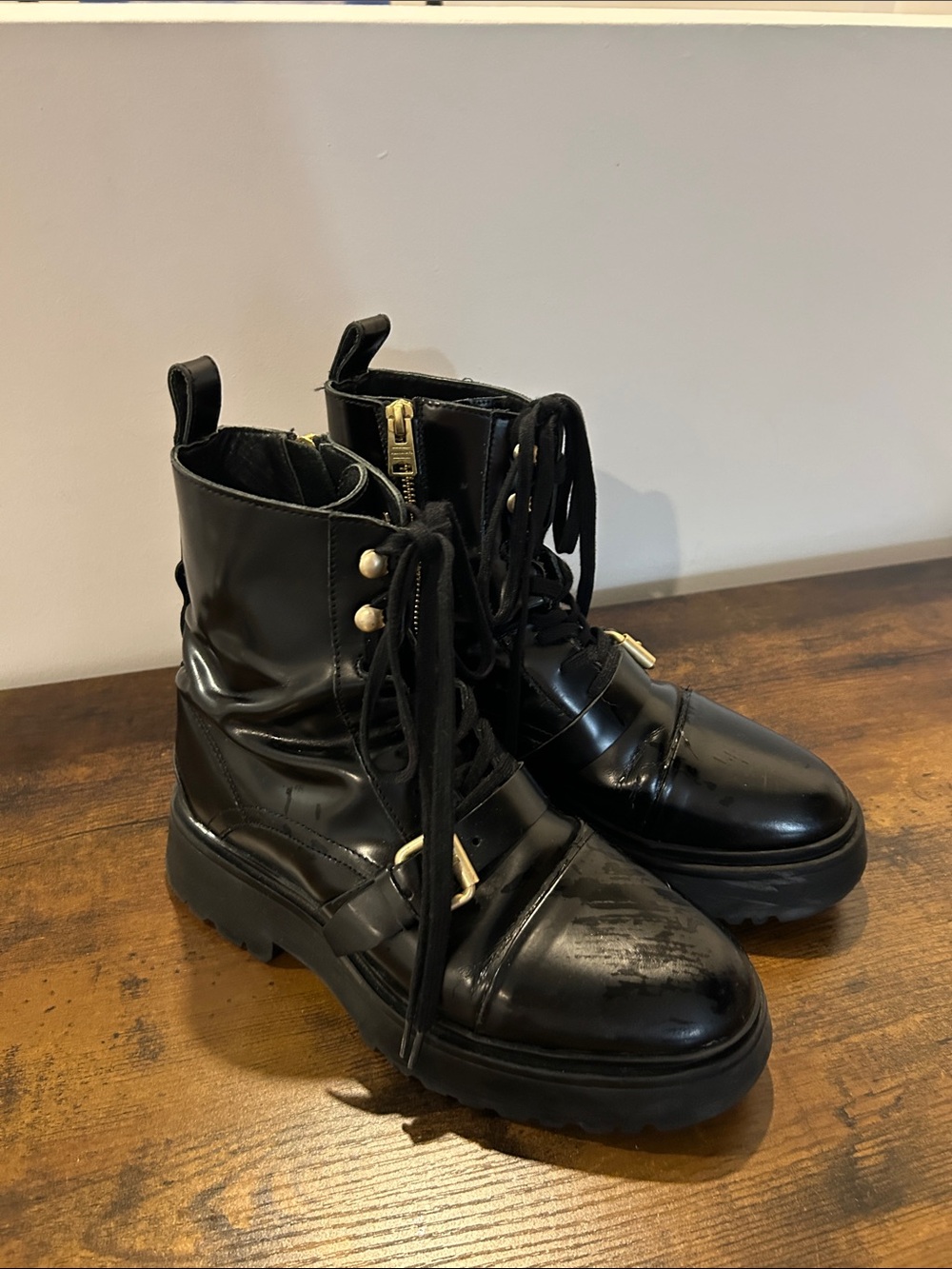 AllSaints Black Patent Lace-Up Combat Boots with Gold Buckles - Picture 4 of 8